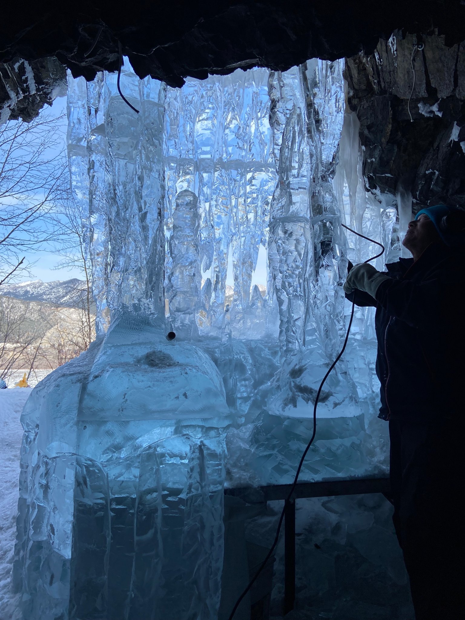 View from inside the cave looking out through the ice wall