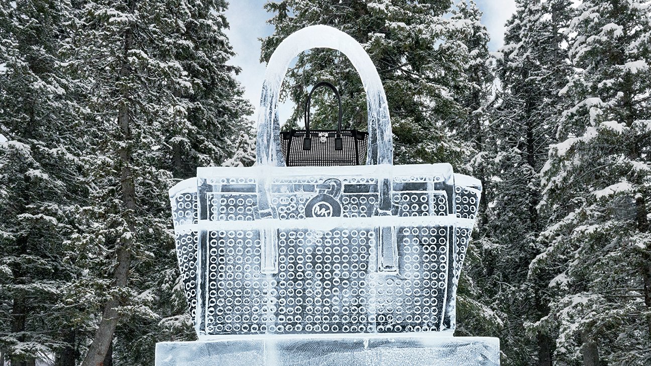Larger-than-life Michael Kors purse replica carved in ice with real MK bag displayed inside