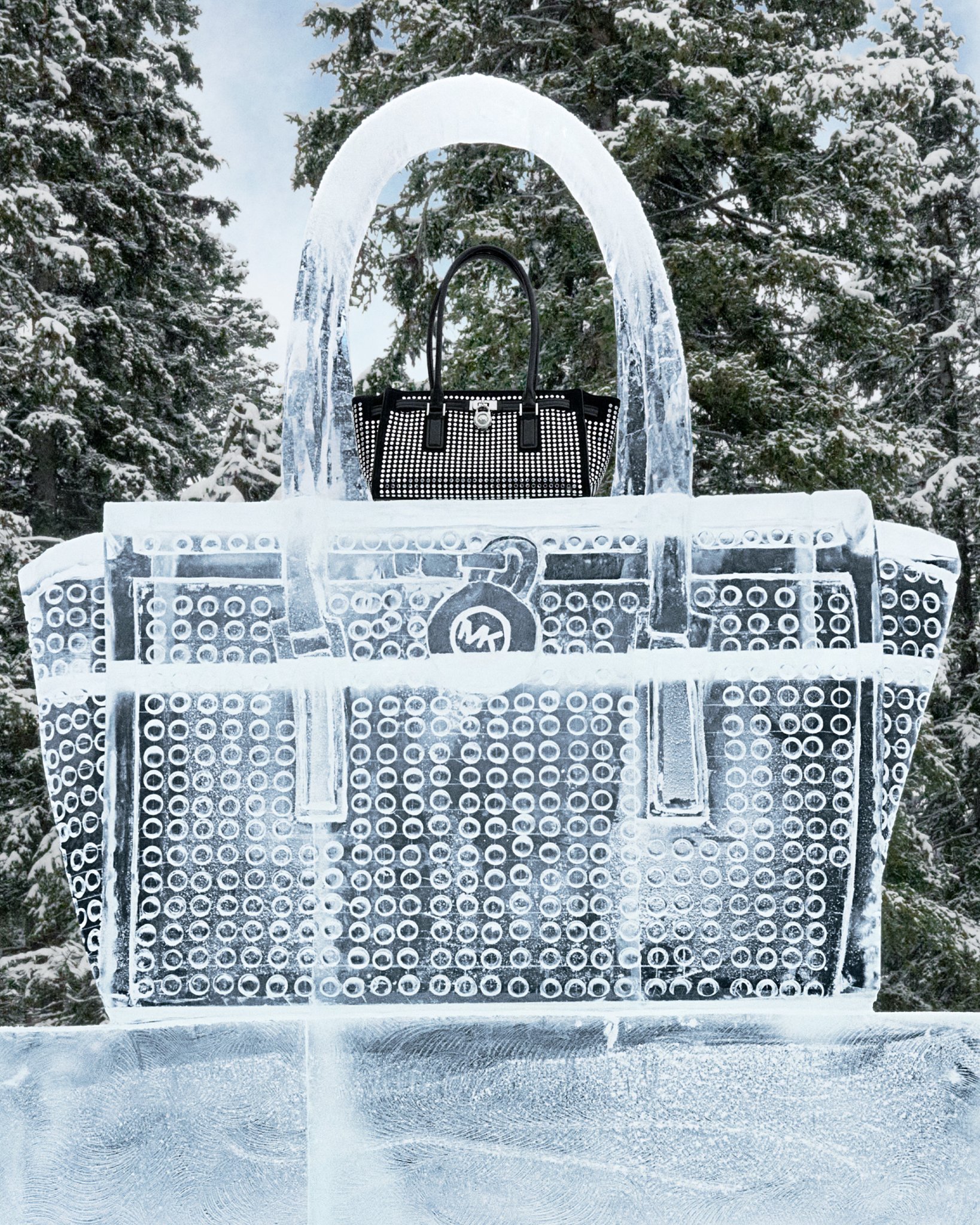 Close-up of the ice purse replica — intricate circle pattern carved into the ice surface