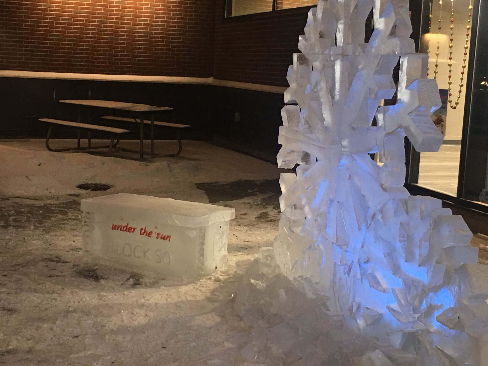 Snowflake and bench ice sculpture