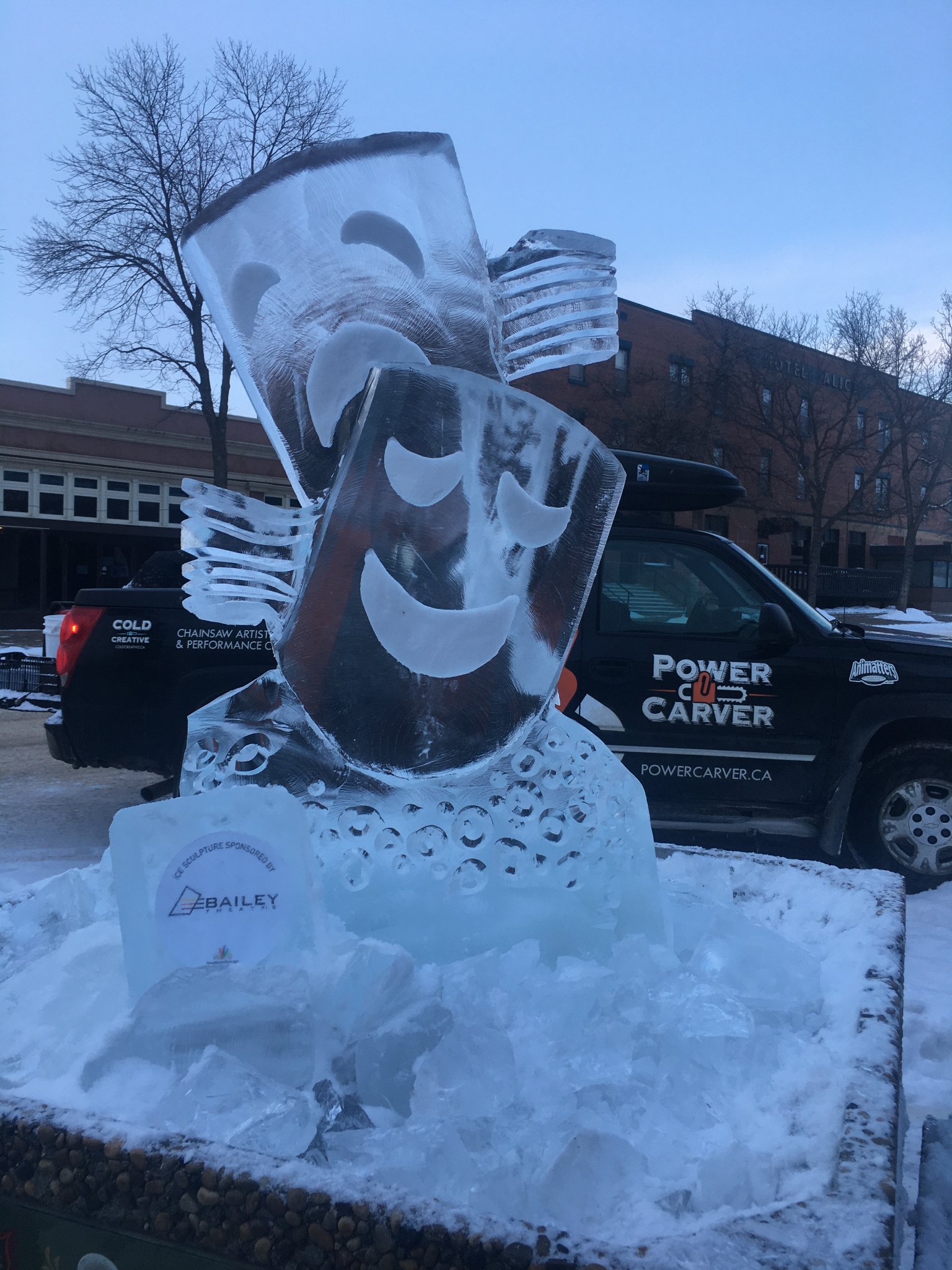Theatre masks ice sculpture